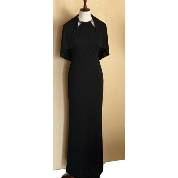 A.B.S. By Allen Schwartz Black Jersey Halter cape Sleeve Maxi Dress size M - Picture 1 of 12
